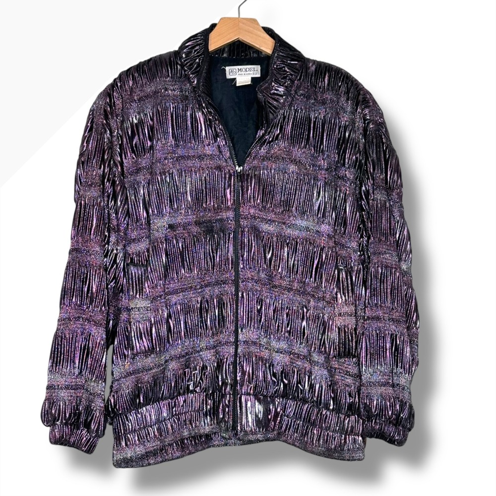 Vintage Model‎ XL Metallic Bomber Jacket Iridescent Purple Rave Festival Coat